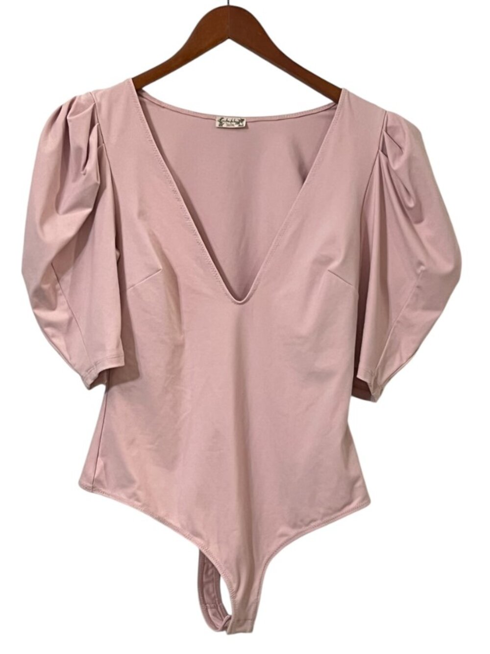 Free People Blush Pink Bodysuit Womens M Puff Sleeve Deep V Neck Stretch Top